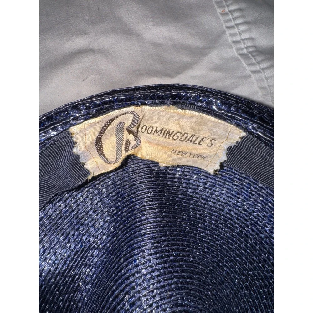 Vintage Bloomingdales Navy Blue Metallic Woven Straw Pillbox Hat with Bow Accent